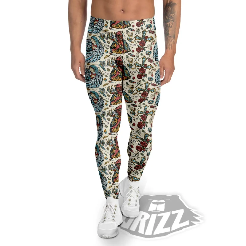 Deal Dash Angel And Demon Old School Tattoo Print Pattern Men's Leggings