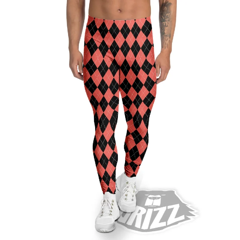 Clearance Items Argyle Coral And Black Print Pattern Men's Leggings