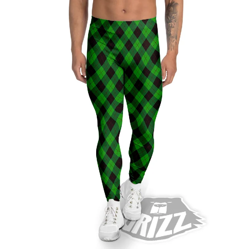 Act Now Argyle Green And Black Print Pattern Men's Leggings