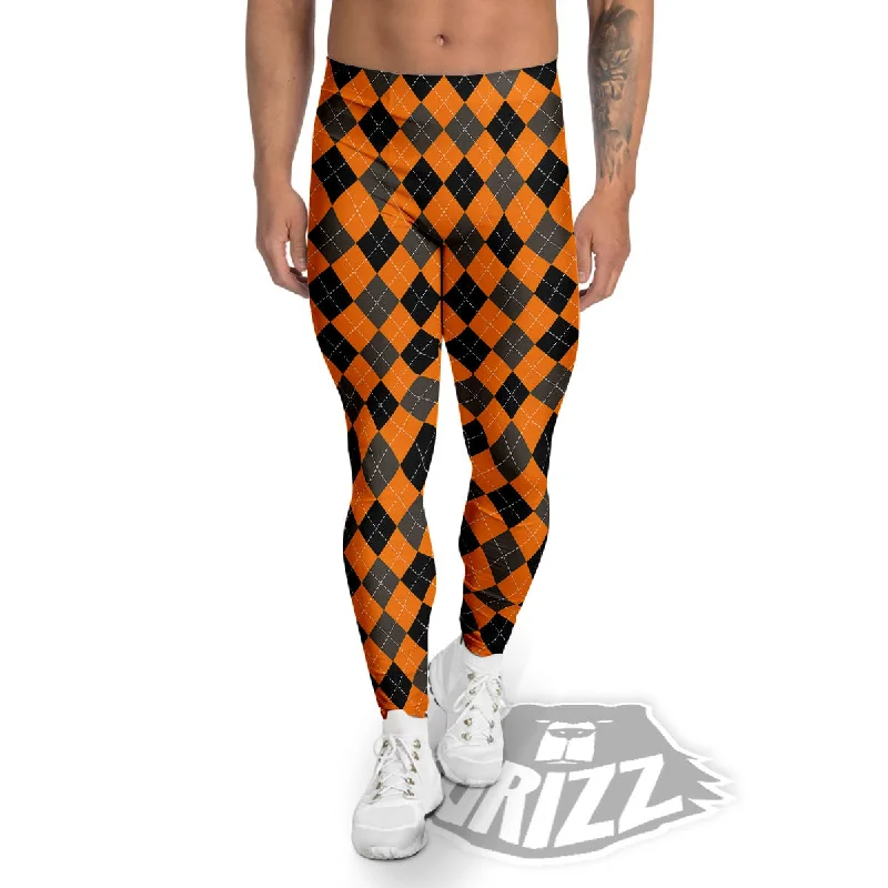 Blowout Deals Argyle Orange And Black Print Pattern Men's Leggings
