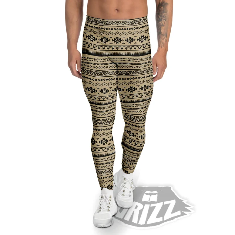 Exclusive Preview Aztec Beige And Black Print Pattern Men's Leggings