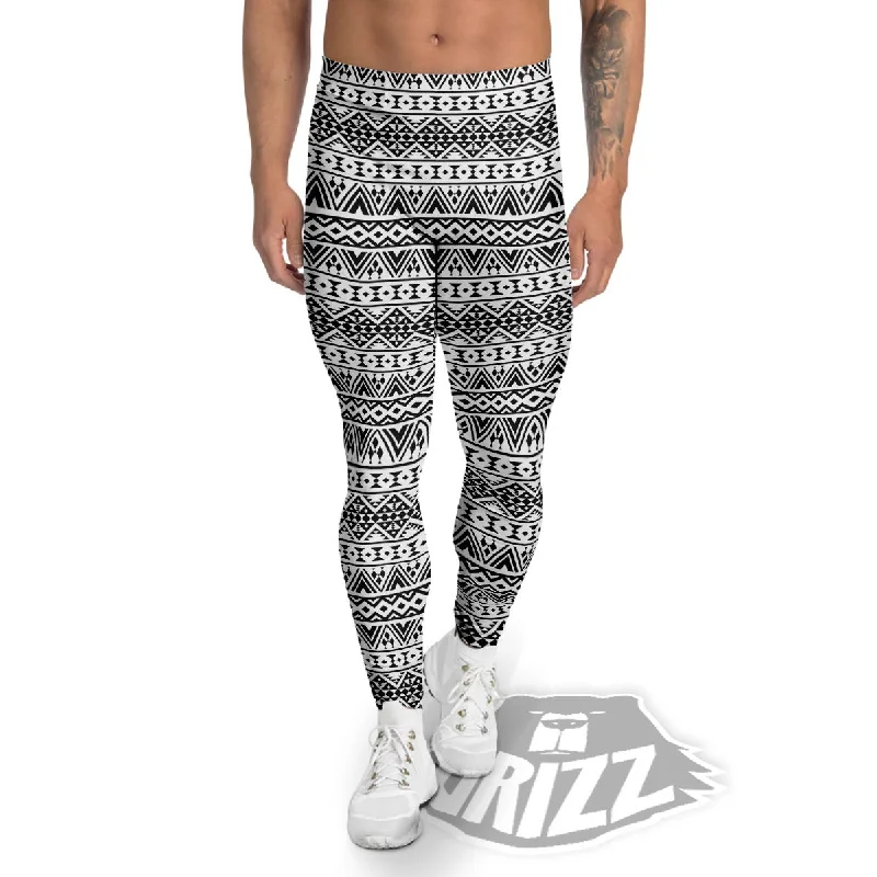 Online Exclusive Aztec Texture White And Black Print Pattern Men's Leggings