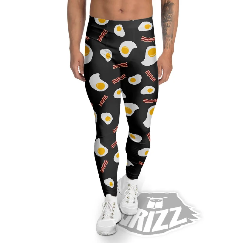 Limited Quantity Bacon And Black Fried Egg Print Pattern Men's Leggings