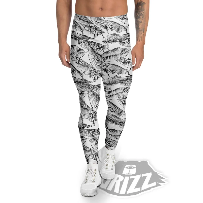 Year-End Clearance Banana Leaf White And Black Print Men's Leggings