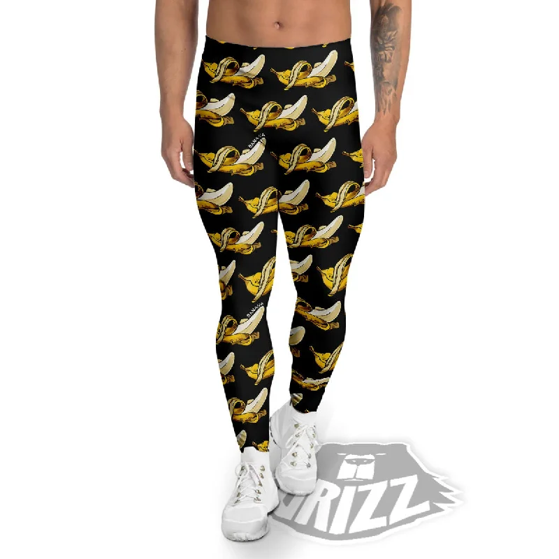 Super Sale Banana Yellow And Black Print Pattern Men's Leggings