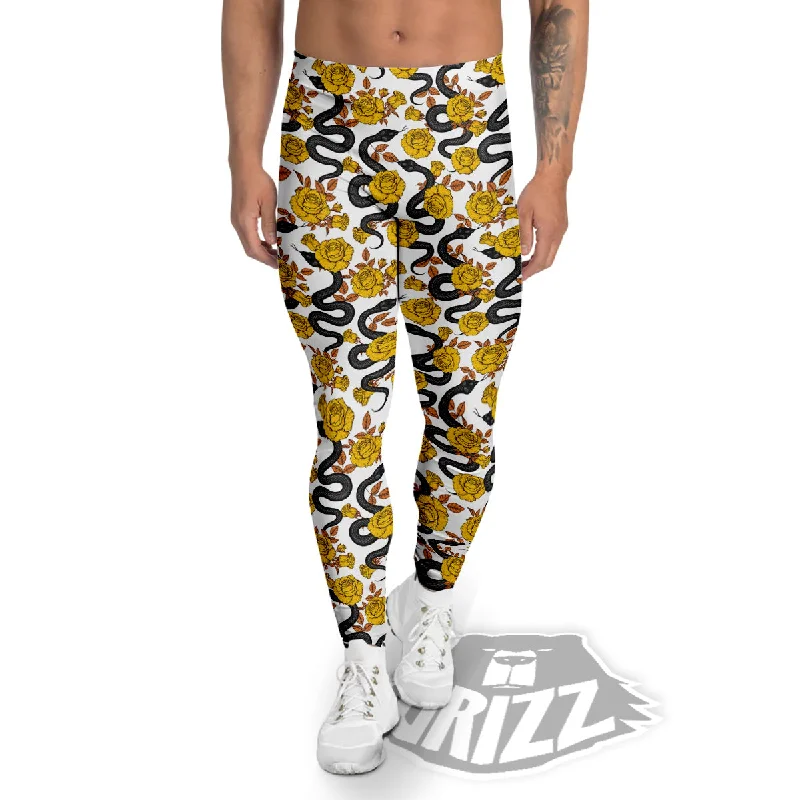 Online Only Black Snake And Gold Rose Print Pattern Men's Leggings