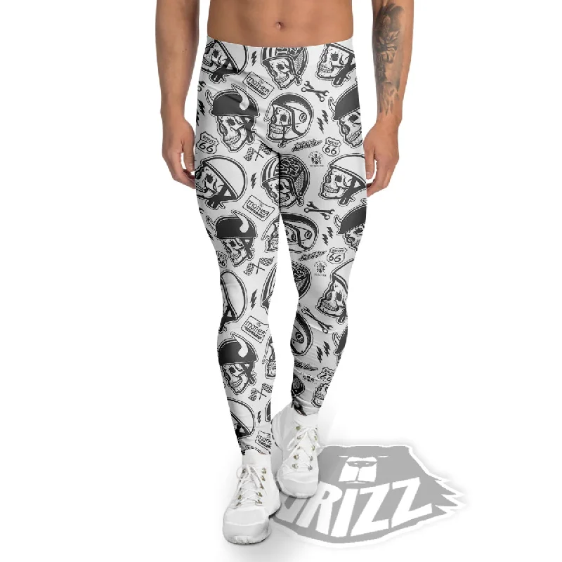Final Clearance Black White Skull Helmet Rider Print Pattern Men's Leggings