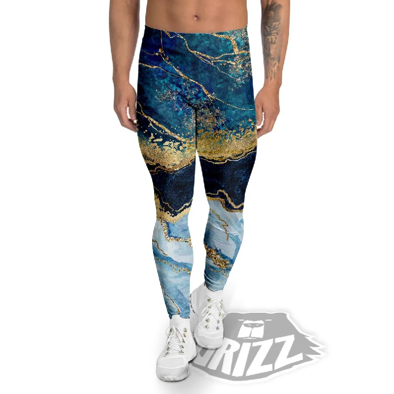 Discount Deals Blue And Gold Marble Print Men's Leggings
