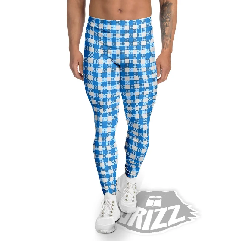 Epic Deals Blue Azure And White Gingham Print Men's Leggings