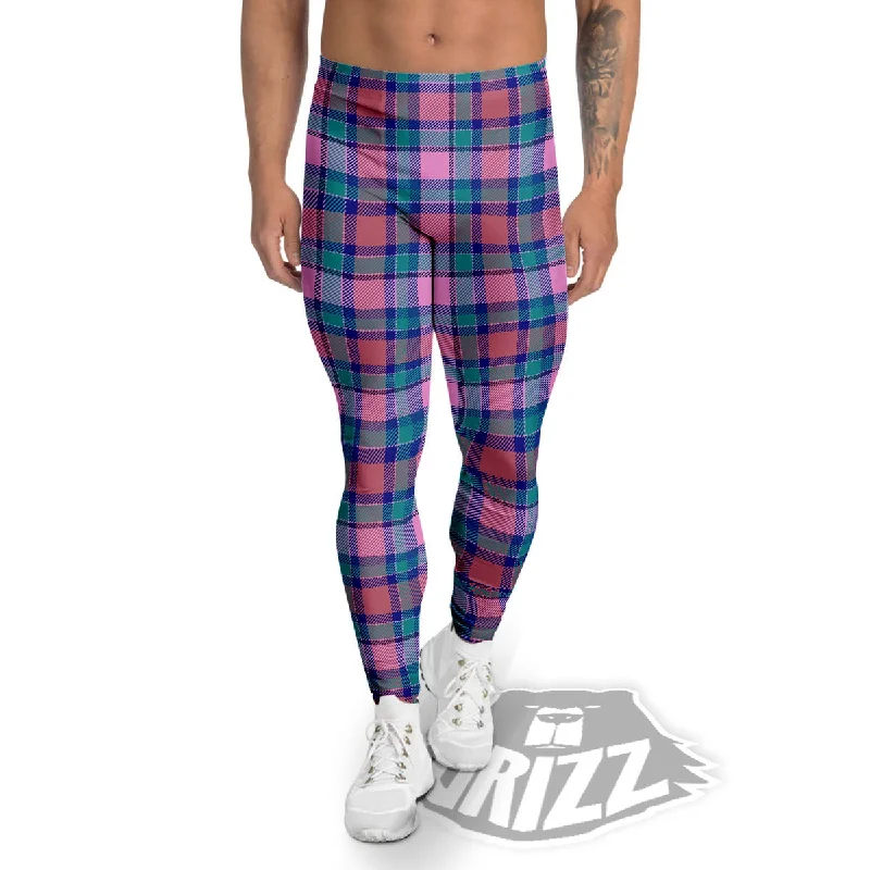Savings Event Blue Green And Pink Tartan Print Pattern Men's Leggings