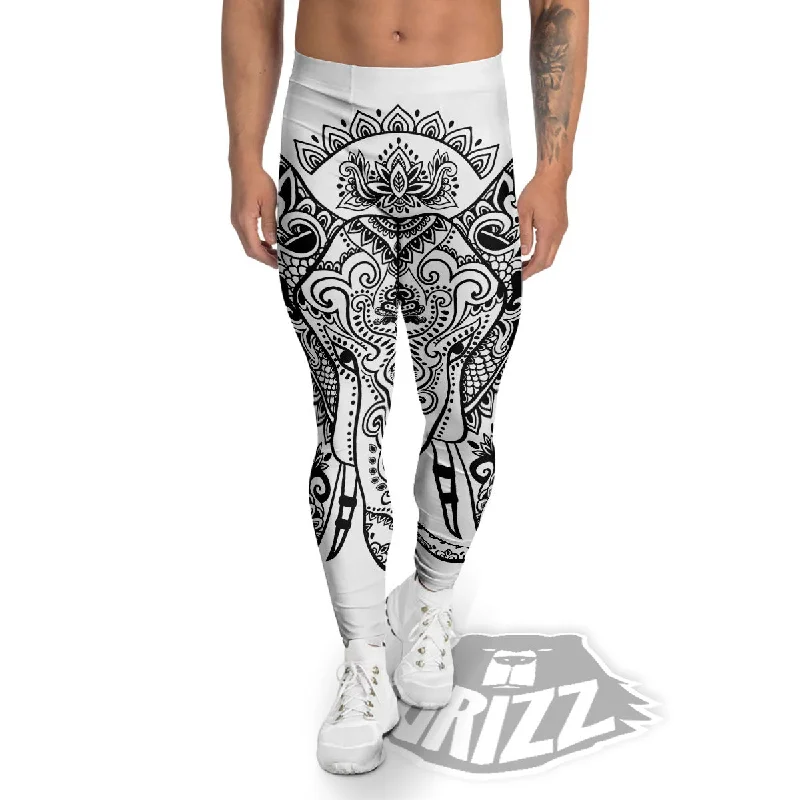 Anniversary Sale Boho Elephant White And Black Print Men's Leggings
