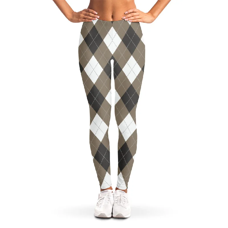 Price Reduction Brown And White Argyle Pattern Print Women's Leggings