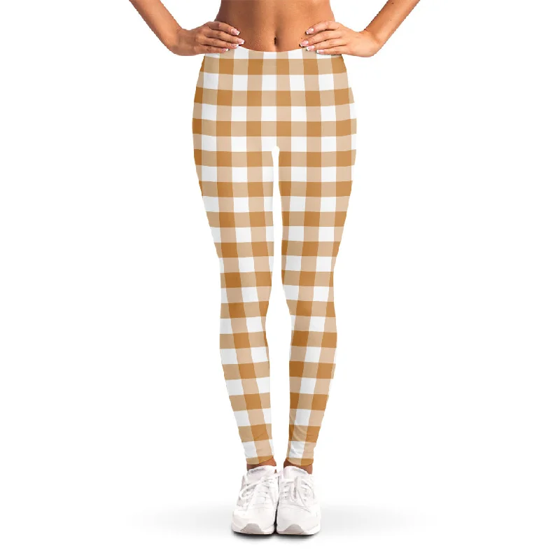 Low Prices Brown And White Gingham Pattern Print Women's Leggings