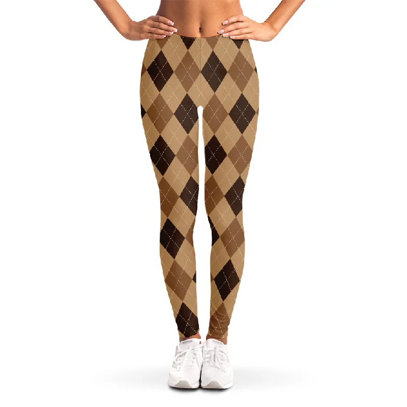 Discount Deals Brown Argyle Pattern Print Women's Leggings