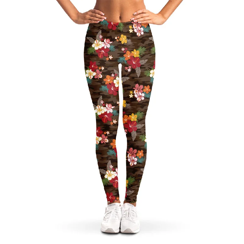 Final Markdown Brown Camo Hibiscus Flower Print Women's Leggings