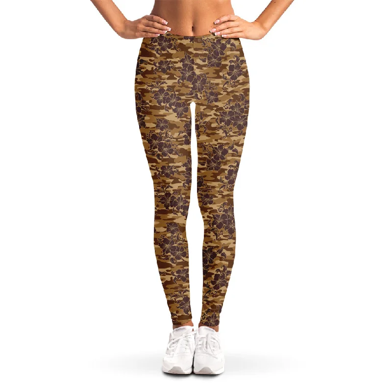 Big Discounts Brown Hawaiian Camo Flower Pattern Print Women's Leggings