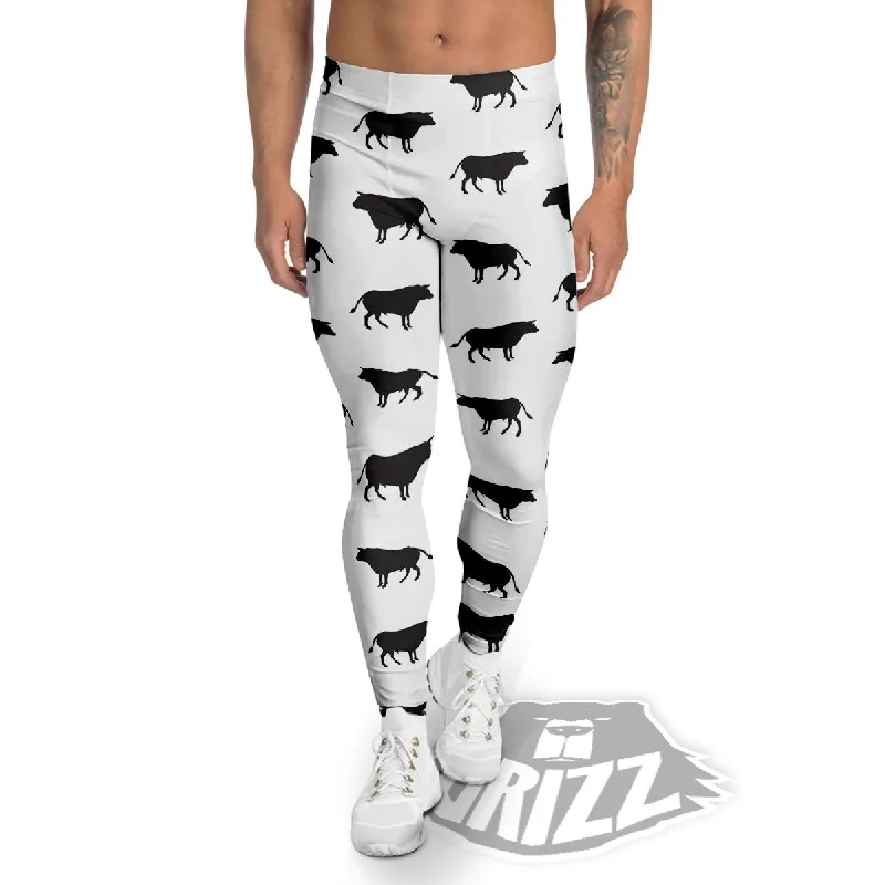Huge Discounts Bull White And Black Print Pattern Men's Leggings
