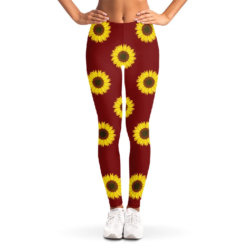 Super Savings Burgundy Sunflower Pattern Print Women's Leggings