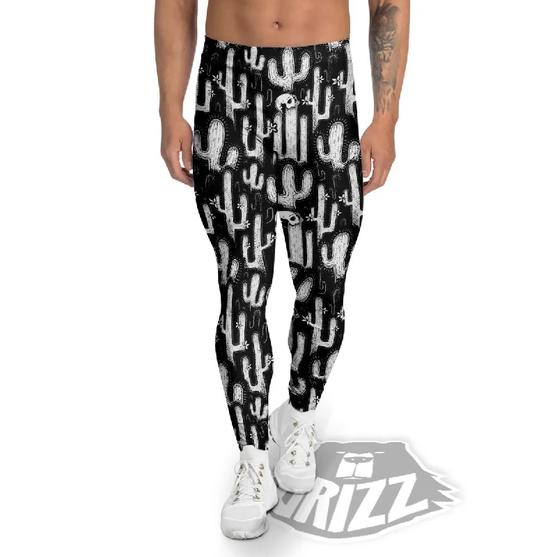 Act Fast Cactus White And Black Print Pattern Men's Leggings