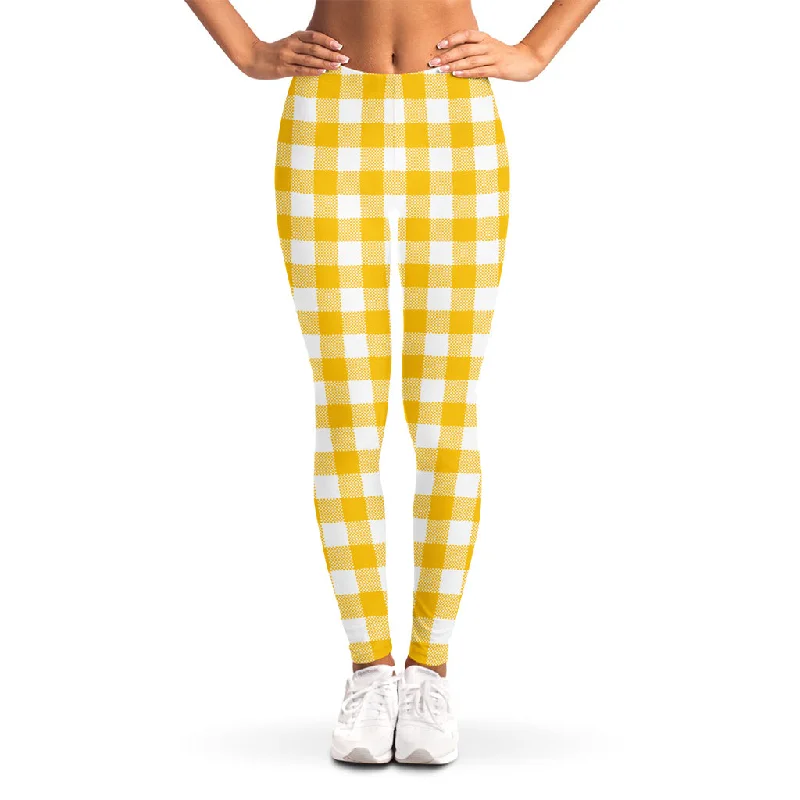 Best Bargains Canary Yellow And White Gingham Print Women's Leggings