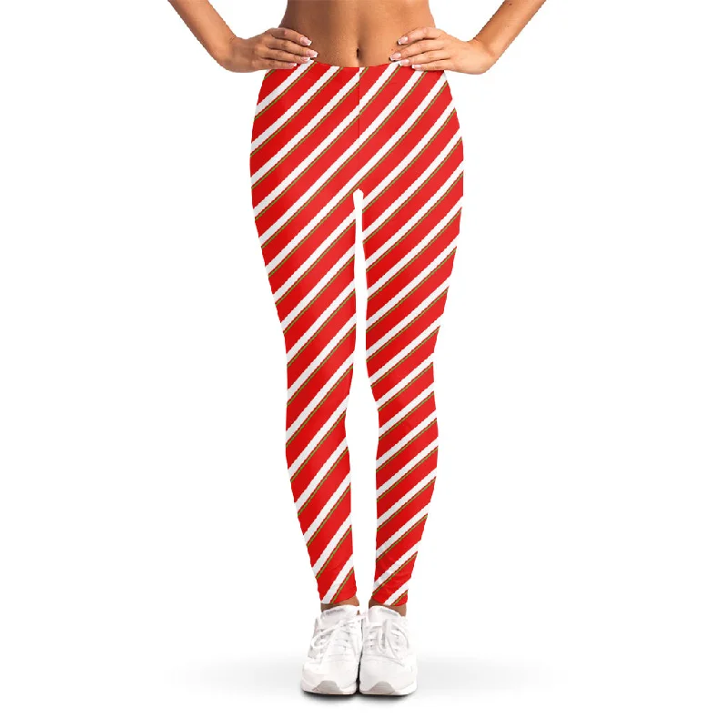 Final Sale Candy Cane Stripe Pattern Print Women's Leggings