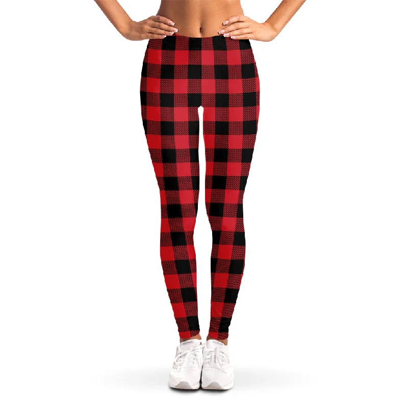 Hurry In Cardinal Red Buffalo Check Pattern Print Women's Leggings