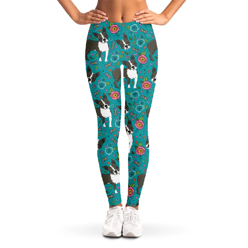 Can't Miss Cartoon Boston Terrier Flower Print Women's Leggings