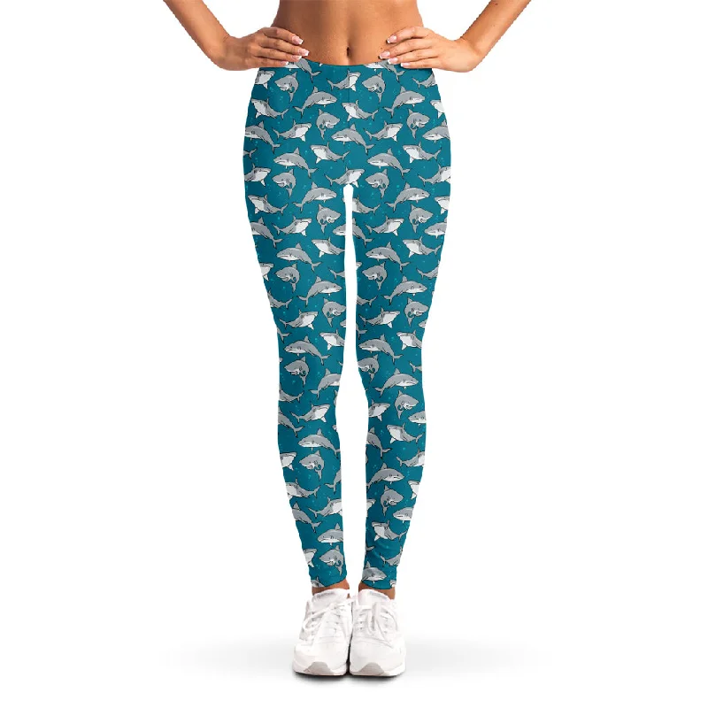 Steals and Deals Cartoon White Shark Pattern Print Women's Leggings