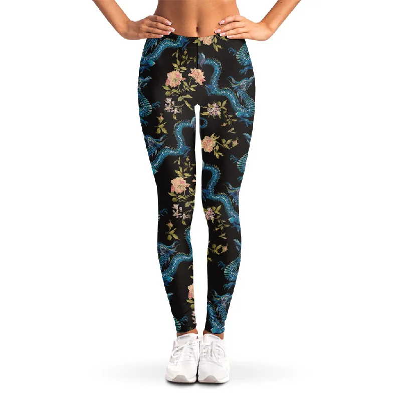 Act Fast Chinese Dragon And Flower Pattern Print Women's Leggings