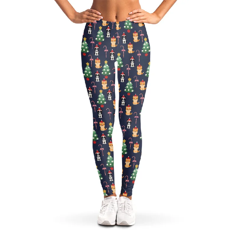 Midnight Madness Christmas Boston Terrier And Corgi Print Women's Leggings