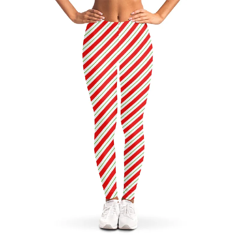 Instant Discount Christmas Candy Cane Stripe Print Women's Leggings