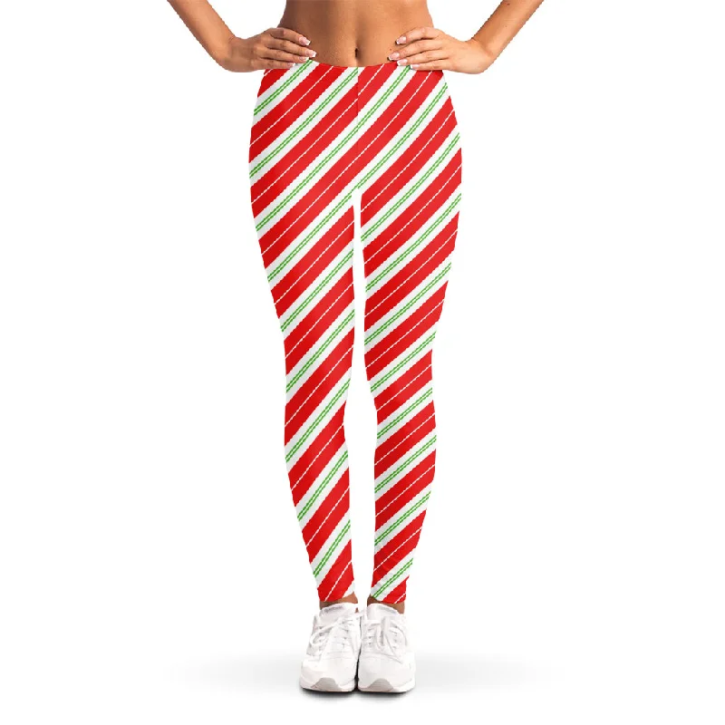 Huge Discounts Christmas Candy Cane Stripes Print Women's Leggings