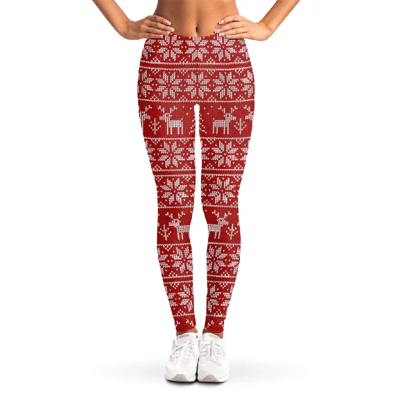 Closeout Christmas Deer Knitted Pattern Print Women's Leggings