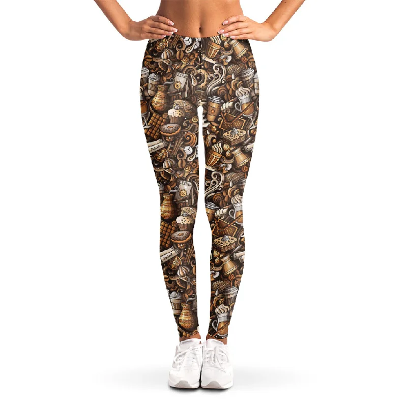 Extra Savings Coffee And Dessert Drawing Pattern Print Women's Leggings