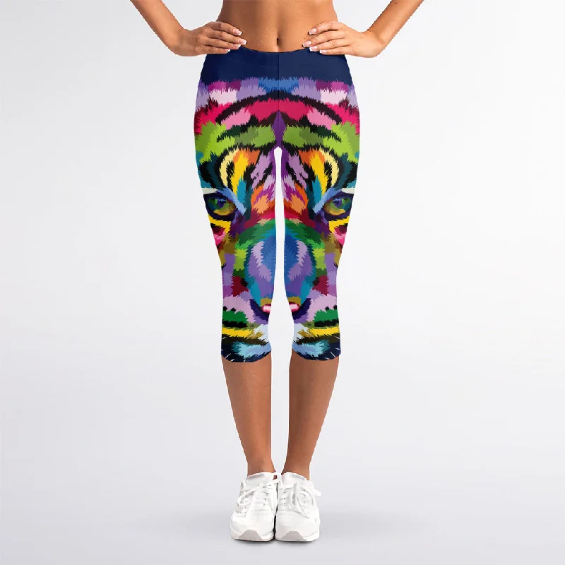 Incredible Offers Colorful Tiger Portrait Print Women's Capri Leggings