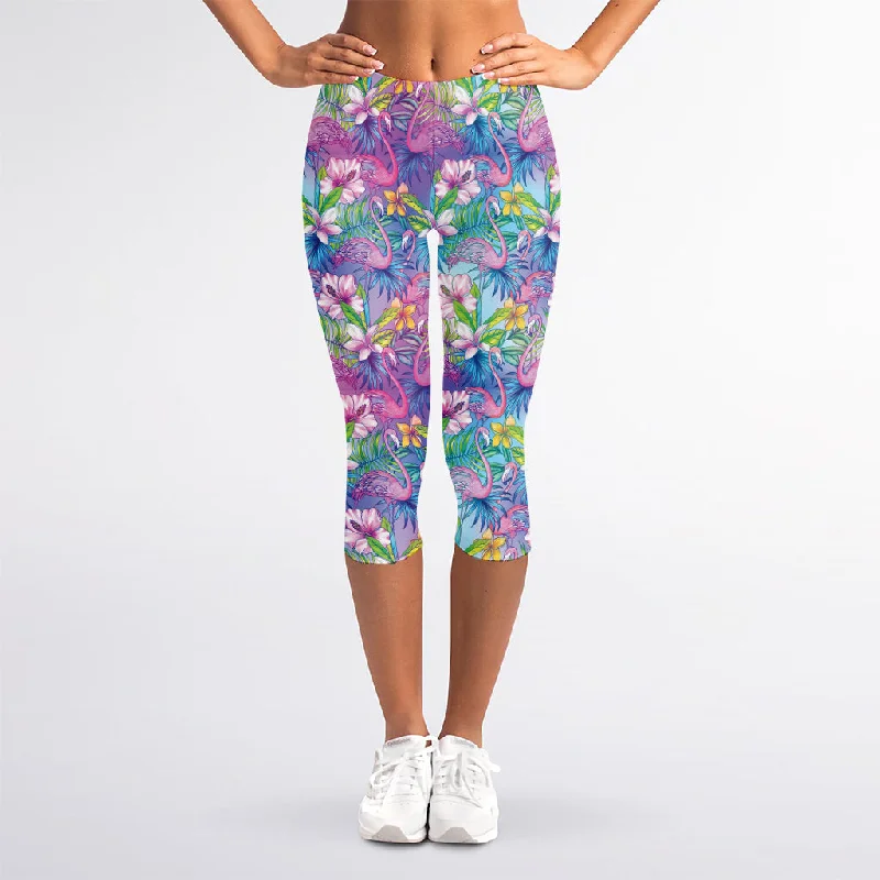Crazy Savings Colorful Tropical Flamingo Print Women's Capri Leggings