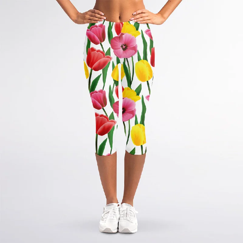 YEAR-End Clearance Colorful Tulip Pattern Print Women's Capri Leggings