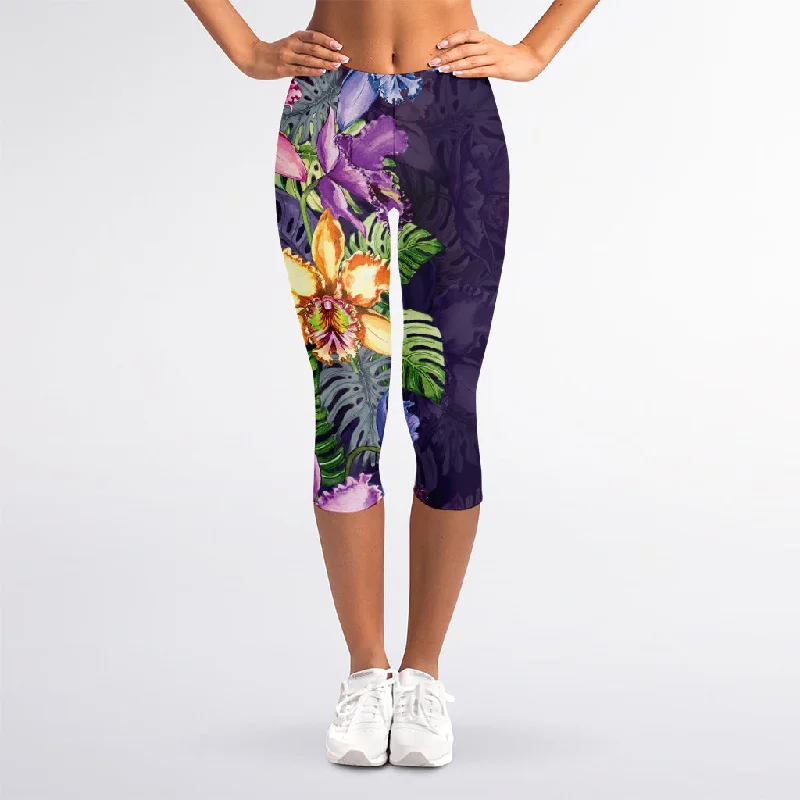 Super Sale Colorful Watercolor Cattleya Print Women's Capri Leggings