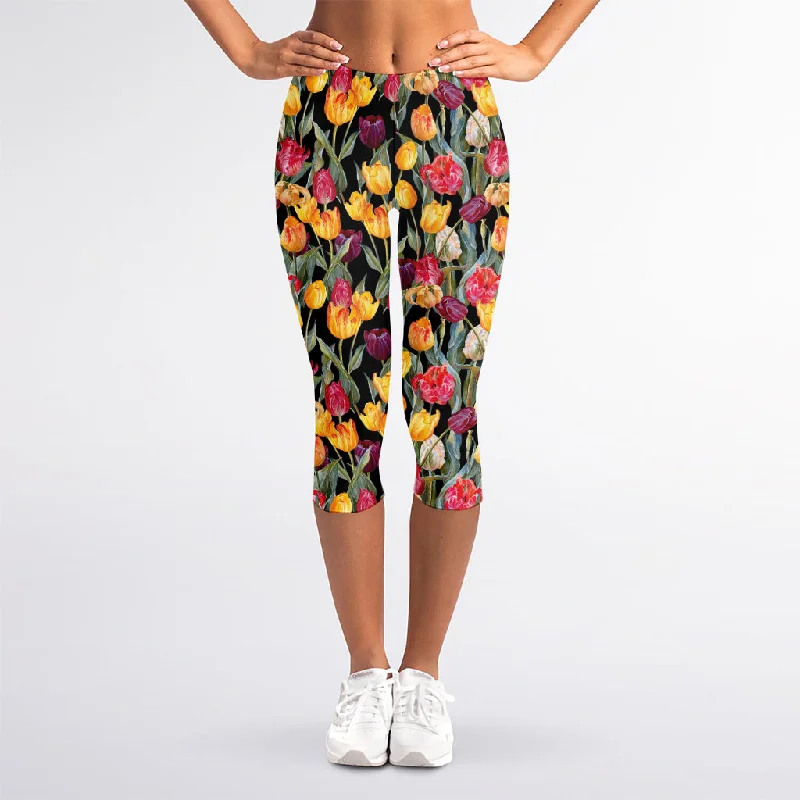 Stock Clearance Colorful Watercolor Tulip Pattern Print Women's Capri Leggings