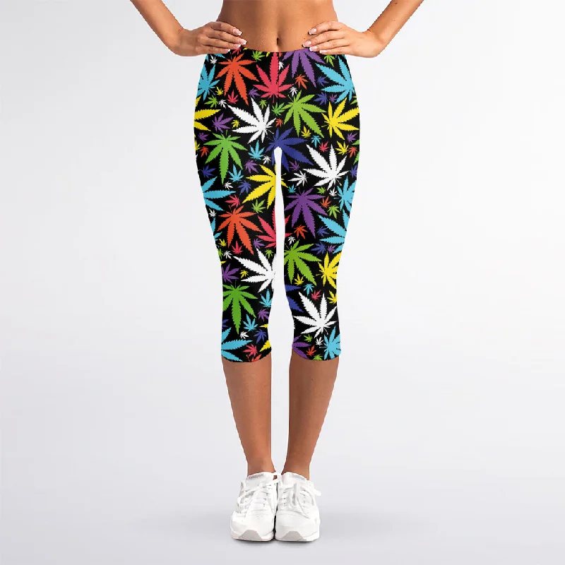 Sale Event Colorful Weed Leaf Pattern Print Women's Capri Leggings
