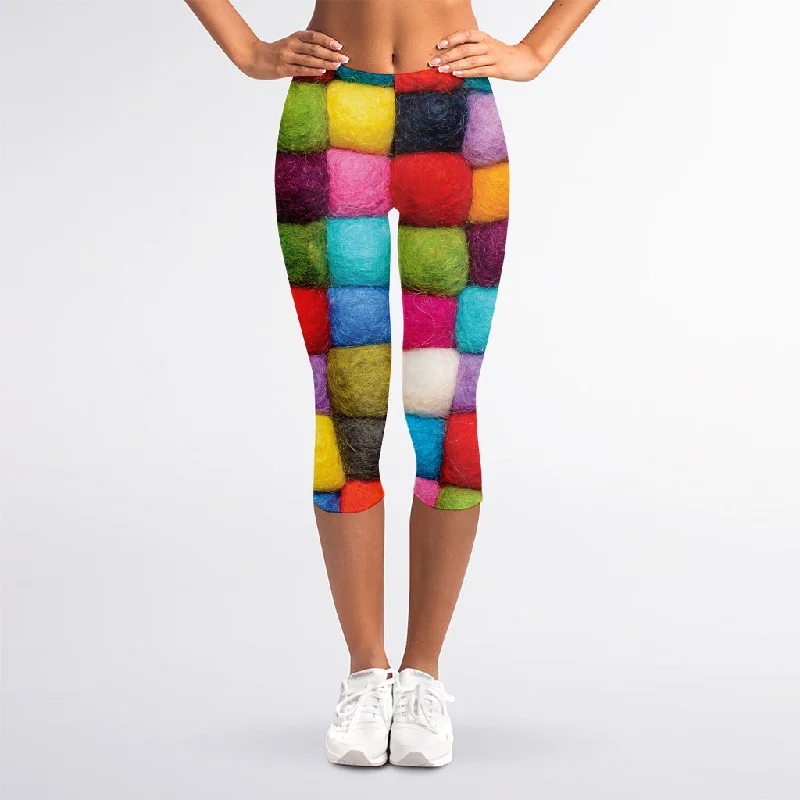 Final Clearance Colorful Yarn Balls Print Women's Capri Leggings
