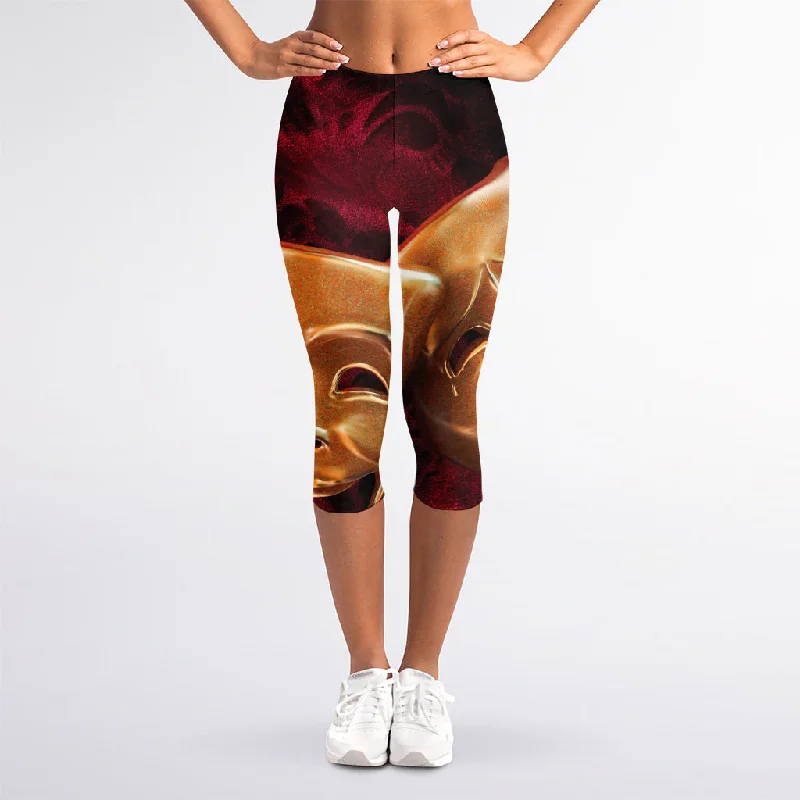 Huge Discounts Comedy And Tragedy Theater Masks Print Women's Capri Leggings