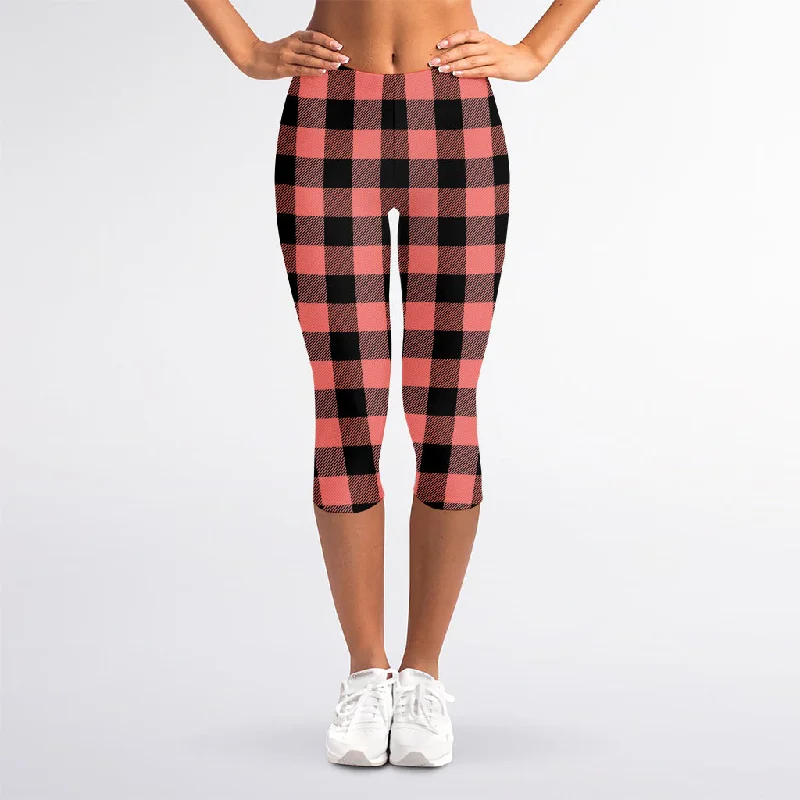 Bargain Blast Coral Pink And Black Buffalo Check Print Women's Capri Leggings