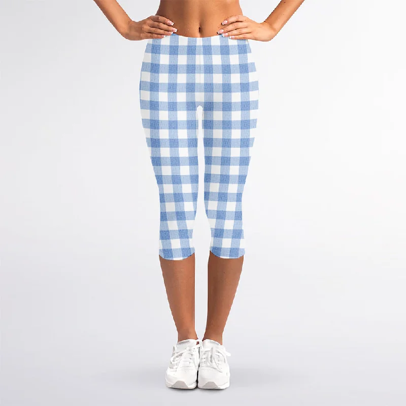 Today’s Special Cornflower Blue And White Gingham Print Women's Capri Leggings