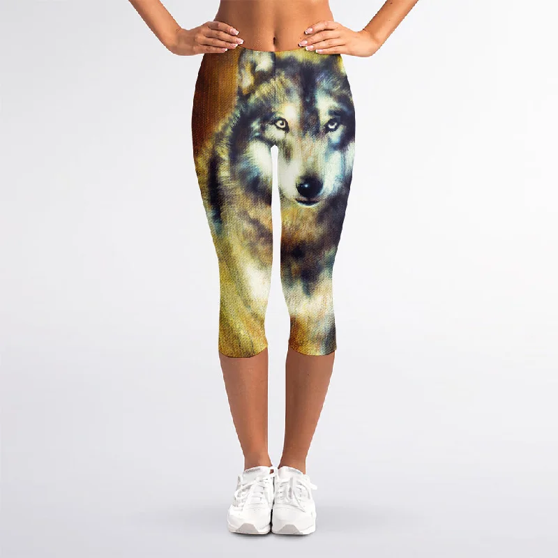Weekend Flash Sale Cosmic Wolf Portrait Print Women's Capri Leggings