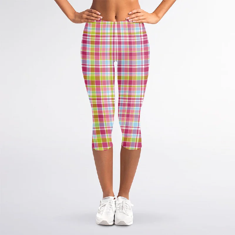 Special Promotion Cotton Candy Pastel Plaid Pattern Print Women's Capri Leggings