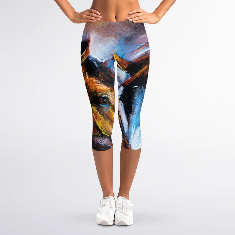 Limited Edition Couple Horses Painting Print Women's Capri Leggings