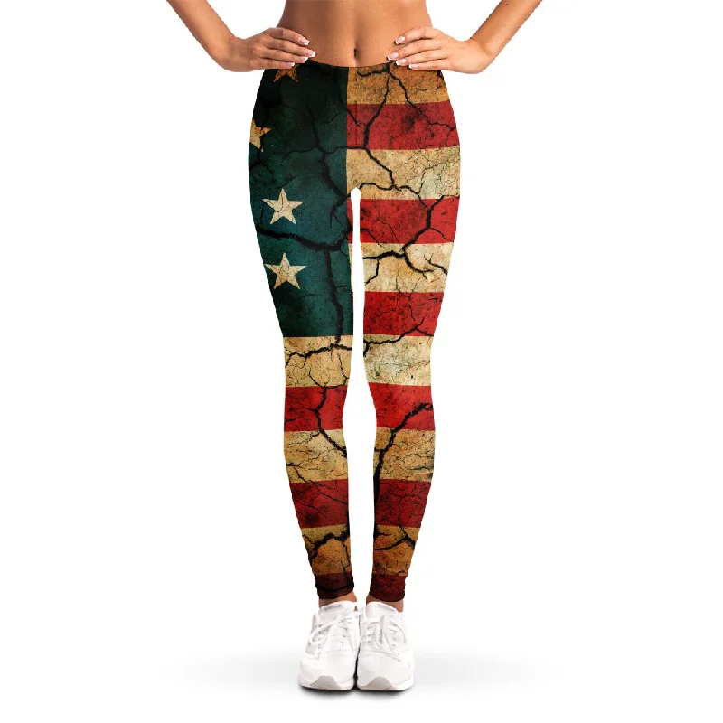 Super Sale Cracked American Flag Print Women's Leggings