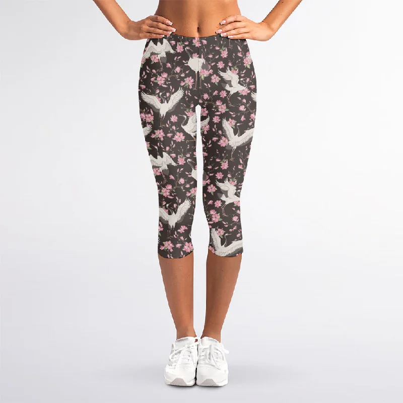Exclusive Online Offer Crane Bird And Flower Pattern Print Women's Capri Leggings
