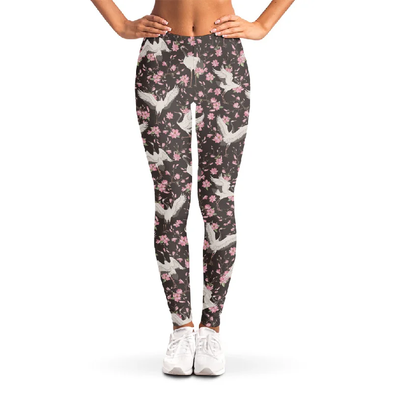 Deal Zone Crane Bird And Flower Pattern Print Women's Leggings